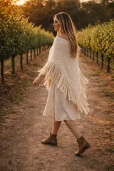 Ruana artesanal de lana merino en color crudo, con tejido de punto y flecos largos en todo el borde inferior.