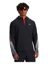 Campera de running Under Armour Velociti Strm Hdd Jkt para hombre, color negro con capucha, cierre frontal completo, logo en el pecho y detalles estampados en las mangas.