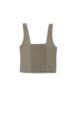 Top estilo corset de color verde, con escote cuadrado y diseño ajustado al cuerpo. Presenta costuras verticales que definen la silueta.