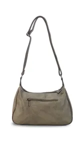 Cartera bandolera color marrón con correa ajustable, dos compartimentos principales con cierre, un bolsillo frontal con cierre y un bolsillo frontal con solapa y botón.