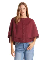 Capa de punto color bordó con diseño envolvente de doble capa superpuesta. Presenta cuello a la base, cierre frontal con botones y mangas estilo japonés con terminaciones acanaladas.