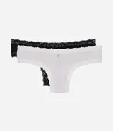 Pack de dos bombachas modelo bikini, una blanca y una negra, confeccionadas en microfibra con terminación de encaje en los bordes.