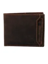 Billetera de cuero natural color café con costuras reforzadas en contraste. Cuenta con tarjetero extraíble, múltiples ranuras para tarjetas y tecnología de protección RFID.