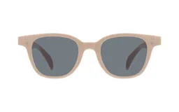 Lentes de sol unisex con montura cuadrada color beige y lentes grises.