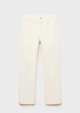 Jeans de corte recto y tiro medio, confeccionados en tejido de algodón estilo vaquero. Presentan cierre frontal con cremallera y botón, trabillas para cinturón y diseño clásico de cinco bolsillos.