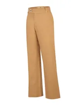 Pantalón de tiro medio, corte recto y calce regular, color beige, confeccionado en mezcla de algodón orgánico y viscosa, con bolsillos laterales y detalle de doble botón en la cintura.