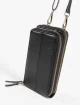 Porta celular con doble compartimento y tarjetero interno. Incluye correa desmontable para usar como bandolera o billetera.