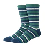 Medias de caña media Stance modelo Brett Crew, con diseño de rayas horizontales en tonos verde, azul marino y blanco. Incluye logo de la marca bordado en el lateral.