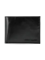 Billetera de cuero negro con diseño clásico plegable y el logo de la marca grabado en la parte frontal.