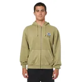Campera con capucha Katin Passage Zip de color verde militar, con cierre frontal completo, bolsillos tipo canguro y pequeño estampado gráfico en el pecho.