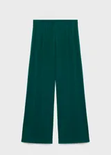Pantalón de vestir color verde oscuro, de corte wide leg y tiro medio. Presenta cintura con elástico, pinzas delanteras y diseño largo.