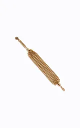 Pulsera de diseño ancho compuesta por múltiples cadenas delgadas entrelazadas, con acabado pulido y cierre de mosquetón con eslabones de ajuste.