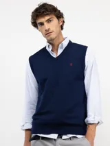 Chaleco de punto para hombre, color azul marino, con cuello en V y logo bordado en el pecho.