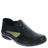 Sandalias tipo zueco de cuero negro con diseño calado en forma de rombos. Presenta una banda elástica lateral para mayor ajuste y suela de goma antideslizante.