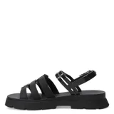 Sandalias de plataforma tipo track color negro, con diseño de tiras entrelazadas en el empeine y cierre con hebilla ajustable en el tobillo.