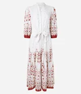 Vestido chemise midi de viscolino con estampado floral, manga abullonada 3/4 y lazo delantero.