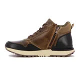 Bota casual Country de corte medio, confeccionada en una combinación de cuero y paneles de malla en tonos kaki y negro. Cuenta con cierre de cordones, cuello acolchado y suela de goma dentada en color crema.