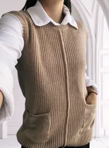 Chaleco largo de punto color beige, con cuello redondo y bolsillos frontales. Diseño sin mangas y corte recto.