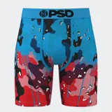 Calzoncillos bóxer de la marca PSD, con estampado de camuflaje en tonos azul, rojo, negro y blanco.