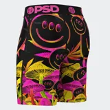 Calzoncillos bóxer estampados negros con hongos, hojas de marihuana y caras sonrientes en colores neón.