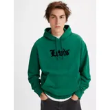 Canguro Levi's de felpa francesa suave, color verde, con capucha ajustable mediante cordón, bolsillo tipo canguro y el logo de la marca en tipografía Old English en el pecho.