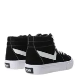 Championes de caña alta Pony, confeccionados en lona negra con detalles en blanco, incluyendo cordones, suela y el logo lateral característico de la marca.