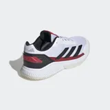 Championes de pádel Adidas Courtquick diseñados para movimientos rápidos, con exterior textil liviano en color blanco y detalles en negro y rojo. Incorporan tecnología Bounce en la mediasuela y acolchado Cloudfoam para mayor confort, además de puntera Adituff y suela Adiwear resistente al desgaste.