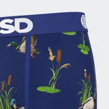 Calzoncillos bóxer de hombre PSD con estampado de patos y vegetación acuática sobre fondo azul. Cintura elástica azul con logo de la marca en blanco.