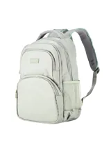 Mochila color gris claro con detalles en verde menta. Cuenta con un compartimento principal amplio, un bolsillo frontal grande con cierre, y bolsillos laterales de red elástica. Las correas son ajustables y acolchadas, con material respirable en la parte trasera y las tiras.