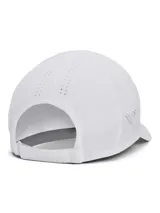 Gorra deportiva Under Armour Velociti Low Adj para mujer, color blanco, con logo bordado en el frente y perforaciones laterales para mayor ventilación. Ajuste trasero con hebilla. Ideal para running y actividades al aire libre.