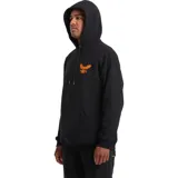 Canguro Volcom modelo ABG Hammered de color negro, confeccionado en mezcla de algodón y poliéster. Presenta capucha con cordón ajustable, bolsillo frontal tipo canguro y diseño gráfico de un águila estampada en color naranja en el pecho.