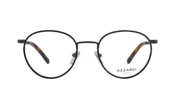 Anteojos de metal color negro con forma redonda y patillas de carey.