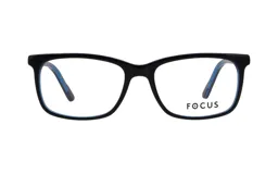 Armazón de anteojos Focus Premium modelo 4182, de diseño rectangular con frente en color negro y patillas con detalles en azul.