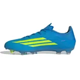 Championes de fútbol Adidas F50 League, color azul brillante con las icónicas tres tiras de la marca en amarillo flúor en los laterales y detalles grises.