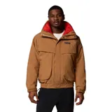 Campera técnica Columbia de la colección Iconos, color marrón con forro interior rojo. Presenta cierre frontal con solapa, bolsillos laterales con cremallera, puños ajustables y tecnología impermeable Omni-Tech.