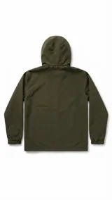 Campera impermeable azul marino con capucha ajustable y cierre frontal completo. Cuenta con bolsillos laterales y un bolsillo frontal con cierre en el pecho, además de puños elásticos.