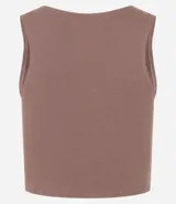 Top cropped sin mangas, color marrón oscuro, de corte ajustado al cuerpo y cuello redondo. Presenta textura acanalada.