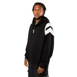 Canguro negro con capucha y mangas largas con franjas blancas.