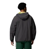 Campera cortaviento Columbia modelo Acker Rock Windbreak, de color gris oscuro, con capucha ajustable con interior estampado, cierre frontal parcial con botones y bolsillo tipo canguro con solapa. Incluye tecnología Omni-Shield y Omni-Shade.
