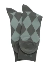 Medias de bambú de caña alta marca RKF, con diseño de rombos en tonos verde y gris, y elástico superior con logo grabado.