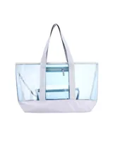 Bolso tipo tote transparente con base y asas de cinta en color gris claro. Incluye un compartimento interno con cierre y diseño minimalista ideal para la playa o salidas casuales.