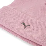 Gorro tipo beanie de punto acanalado en color rosa, con diseño de vuelta y logo metálico de Puma en la parte frontal.