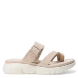 Sandalias de mujer con diseño de tiras cruzadas y ajuste mediante hebilla lateral. Presentan una suela de plataforma blanca con relieve y plantilla anatómica, ofreciendo un estilo casual y cómodo.