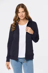 Canguro negro con capucha, cierre frontal y bolsillos laterales.