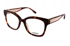 Armazón para lentes de acetato color carey con forma cuadrada y detalles dorados en las patillas. Marca Lancel, modelo 90062.