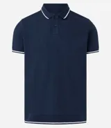 Polo de hombre marca Marfinno, confeccionada en tejido de media malla con textura rayada. Presenta cuello polo con botones y mangas cortas con terminaciones en rib con detalles contrastantes.