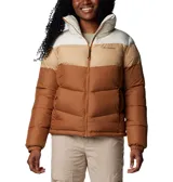 Campera puffer acolchada Columbia modelo Puffect II Colorbloc, con diseño de bloques de color en tonos marrón, tostado y blanco. Cuenta con cuello alto, cierre frontal completo, bolsillos laterales con cremallera y puños elásticos.
