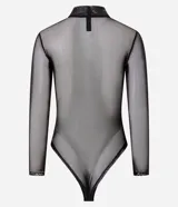 Body de manga larga confeccionado en tul negro con transparencias, presenta cuello alto y un ajuste ceñido al cuerpo.