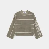 Suéter de tejido de punto calado color verde militar con rayas horizontales blancas, cuello redondo, hombros caídos y mangas amplias con logo de la marca tejido en el lateral.