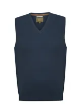 Chaleco de punto azul marino sin mangas, con escote en V y detalle de logo bordado en el pecho.